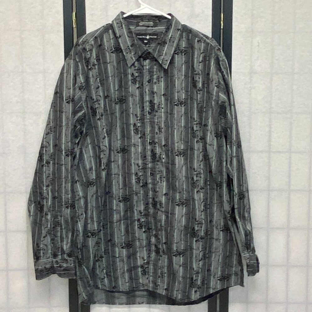 Beverly Hills Polo Club 3XLT Grey Jacquard Stripe Button Up Dress Shirt Big Tall